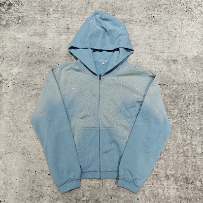 acheter Vêtements de rue personnalisés 2025 Poids lourd Hoodie en strass Unisexe Blanc Vintage Soleil décoloré Acide Laver la fermeture éclair Hoodies surdimensionnés online manufacture