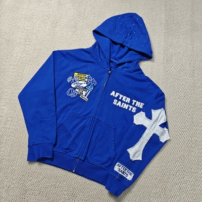 acheter Sweat à capuche zippé homme streetwear personnalisé, épais 420 gsm, en coton French Terry, broderie effet vieilli, strass online manufacture