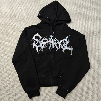 acheter Custom Distressed Embroidery Boxy Cropped Zipper Streetwear 400 gsm 600gsm Men Zip up Heavyweight Rhinestone Hoodie online manufacture