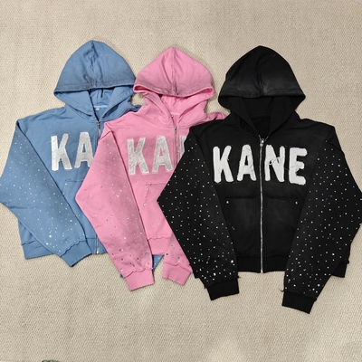 acheter Custom 2025 New Dirty Washed Mens hoodies Y2k Streetwear Vintage Distressed Applique Embroidery Rhinestone Zip up Hoodie online manufacture