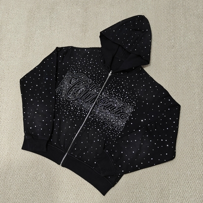 acheter Custom Bulk Luxury Shining Gemstone Oversized Rhinestone Zip up Hoodie Acid Wash Vintage Streetwear Zipped Hoodie for Men online manufacture