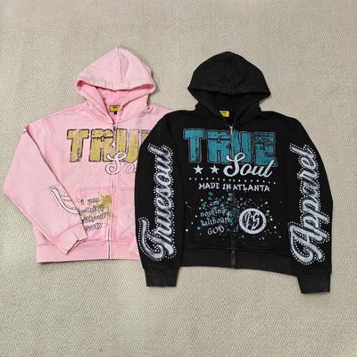 acheter Custom DTG Screen Printing Boxy Heavyweight Zipper Jackets Cotton Distressed Rhinestone Zip up Men Hoodie online manufacture
