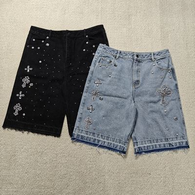 acheter Clothing Manufacturers Custom Streetwear Rhinestone Vintage Black Jeans Shorts Rhinestone Denim Shorts Jorts for Men online manufacture