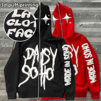 Vêtements de rue personnalisés 100% coton poids lourd Full Face Fermeture à glissière Rhinestone 3D Puff Printing Hoodies