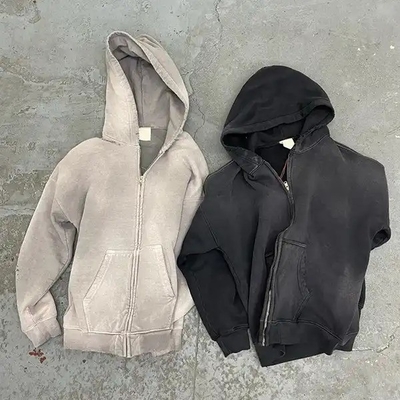 Vintage homme lavage à l'acide Soleil décoloré Anxieux Full Zip Up Hoodie Poids lourd Terry français