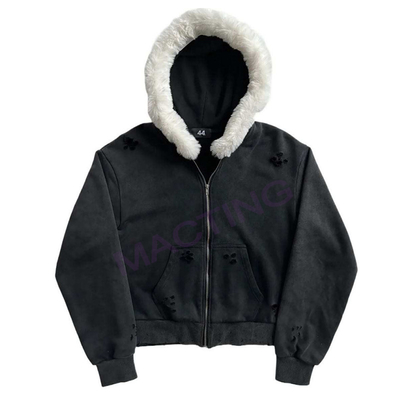 Laveur à l' acide solide Soleil décoloré Détresse personnalisé Full Zip Up Hoodies manteau avec collier de fourrure
