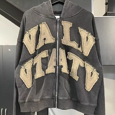 450 Gsm Poids lourd Français Terry Vintage Acide Laveur de patch en détresse Broderie pull avec capuche