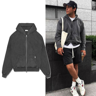 Vintage lavage à l'acide Soleil décoloré Fermeture à glissière haute Corps en détresse Hoodies pour hommes automne style fermeture à glissière haute
