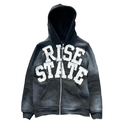 Embroiderie de patch Vintage Soleil décoloré Français Terry Distressed Hoodie avec imprimé Puff