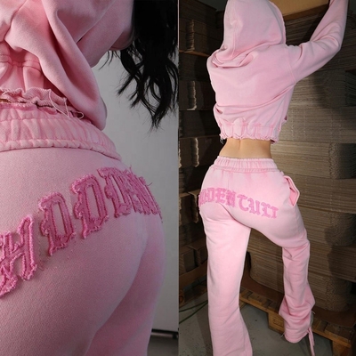 Laver à l'acide Fermeture à glissière avec capuche maillot de sport garçons brun femmes Street Wear patch broderie Joggers lavés