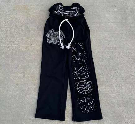 Vintage lavage à l'acide en détresse Strass Double taille élargie Sweatpants 100% coton