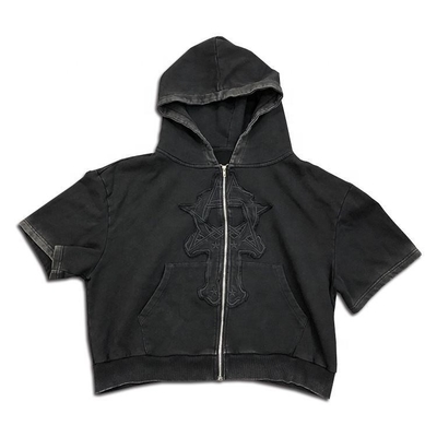 T-shirts blancs vintage noirs en vrac Anti-rides Vêtements de rue d'été Hoodie Lavé Patchwork brodé