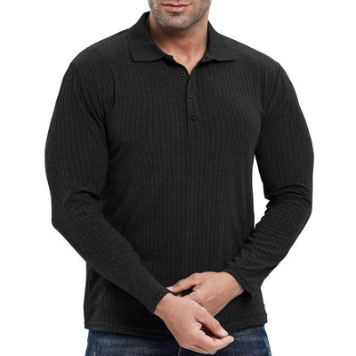 T-shirt polo personnalisé côte tricotée homme musculaire ajusté manches longues Tee d'entraînement pour gym et golf