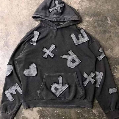 Détection d'aiguille Oui Vêtements de rue personnalisés Applique Broderie en détresse Hoodie pour hommes