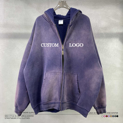 Vintage lavage à l'acide Soleil décoloré en détresse Fermeture à glissière en blanc Hoodie pour vêtements de rue personnalisés Logo