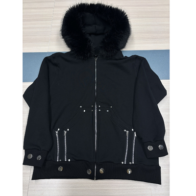 Laine d'hiver personnalisée 100% coton épais blanc faux fourrure fermeture à glissière Hoodie avec capuchon fourrure