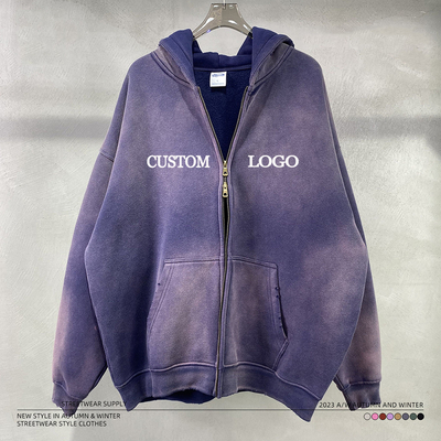 Vintage à double fermeture à glissière déchirée Hoodie en difficulté Vêtements de rue épais d'hiver pour hommes