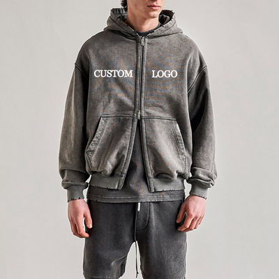 Vêtements de rue déchirés déchirés Hoodies personnalisés lavés coton double fermeture à glissière Hoodie pour hommes
