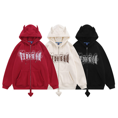 Un pull à capuche fermé à la fermeture éclair, corne du diable, laine blanche, unisexe, homme en couple, pull fermé à la fermeture éclair.