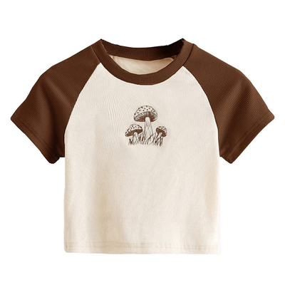 T-shirt à broderie graphique pour femmes avec dessin de champignon mignon et manches Raglan