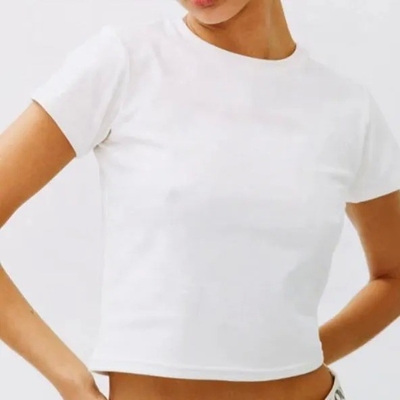 T-shirt en blanc mince pour femme T-shirt respirant en coton haut court Cou tricoté populaire
