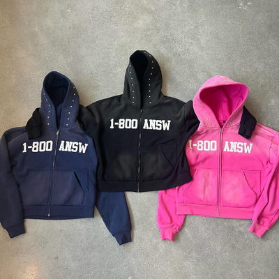 Laver à l'acide personnalisé Soleil décoloré Rivet Strass coupé Boxy Fit Fermeture à glissière Hoodie coton poids lourd 400gm
