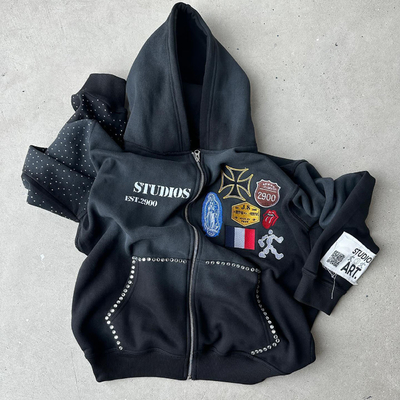 Je vous présente un sweat-shirt en strass, noir bleu, poids lourd, sweat-shirt vintage, toilette en pierre.