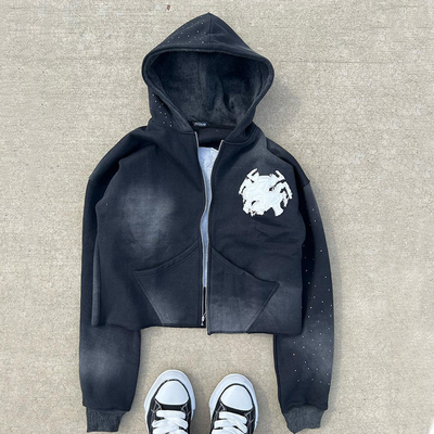 Fermeture à glissière à l' acide Hoodies détresse broderies Applique personnalisé français Terry Top Crop