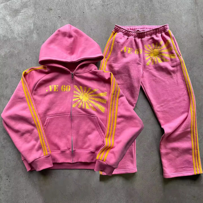 Impression personnalisée sur écran Logo rayures maillot de sport vintage lavée à l'acide Fermeture à glissière Hoodie et jogger Sweat Pant