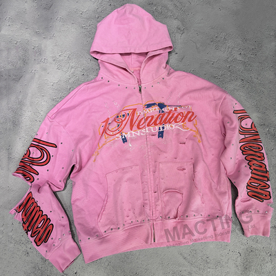 Rhinestone personnalisé 100% coton 500 grammes poids lourd fermeture à glissière haute vintage coupé en détresse Acide Wash Hoodie