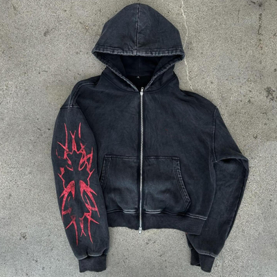 Logo personnalisé Imprimé à l'écran Déprimé Pas de corde double fermeture à glissière Acide Wash Poids lourd Boxy coupé Hoodie Hommes