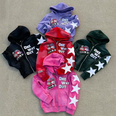 Laver à l'acide French Terry Hoodie Robe de rue personnalisée Boxy coupé Distressed Broderie vintage Patch Zip Up Hoodie