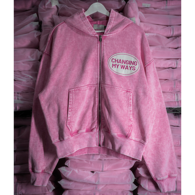 Couleur rose personnalisée, lavée par la neige, déchirée, brodée, patch, poids lourd, boîte, épaule, 100% coton, fermeture à glissière.