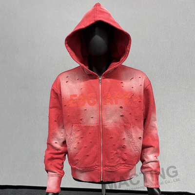 Laveur à l' acide sur mesure Soleil décoloré déchiré en détresse Fermeture à glissière en boîte Hoodie coupée