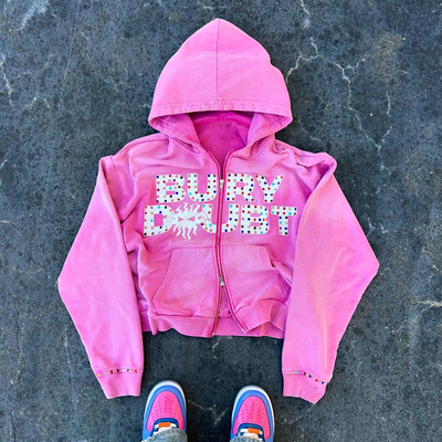 Vêtement de laine lavée sur mesure Vintage français Terry poids lourd épais Strass cristallin Double fermeture à glissière Hoodie Hommes