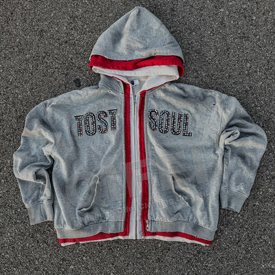 Vêtements de rue personnalisés Double 3 fermeture à glissière Acid Wash Vintage Baggy Boxy Fit Distressed Strhinestone Triple Layer Fermeture à glissière Hoodie