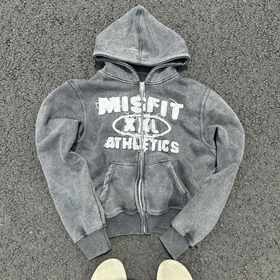 Cadeau de pierre ancienne lavée à l'applique patchwork brodée Hoodies coton lourd gris coupé fermeture à glissière Hoodie en détresse