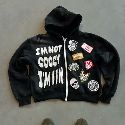 T-shirt à capuche en coton poids lourd avec boîte et patch de détresse