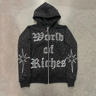 Hoodie à fermeture à glissière brodée de haute qualité Poids lourd en coton français Terry Hoodies surdimensionnés sur mesure Fermeture à glissière Rhinestone Fermeture à glissière Hoodie