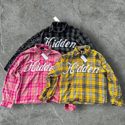 Camises à carreaux chaudes pour l'hiver brodées à manches longues surdimensionnées lavage à l'acide diamanté strass bouton vers le haut chemises en flanelle hommes