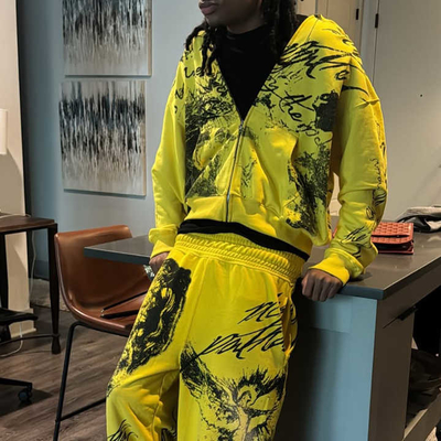 Hommes sur mesure Sweatsuit Tracksuits partout Graffiti Impression vintage lavage à l'acide Fermeture à glissière Hoodies et pantalon de sueur pour adultes
