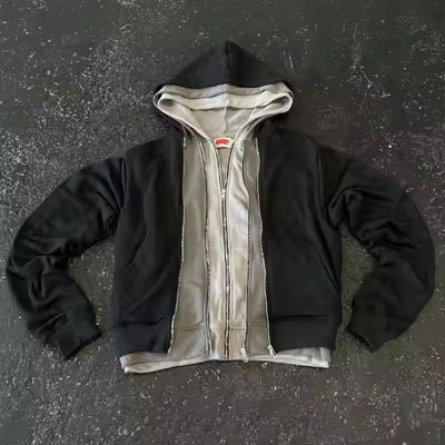Vêtements de rue Fermeture à glissière Hoodie Collier Hooded OEM personnalisé Trois couches Hoodies pour hommes
