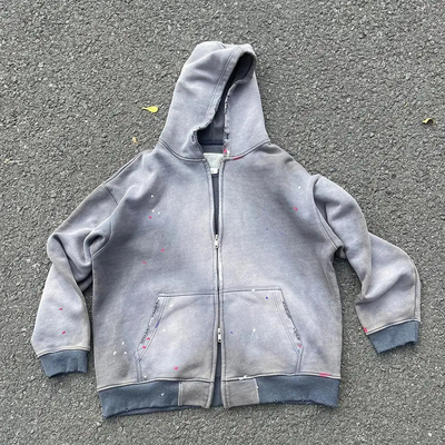 Hommes sur mesure poids lourd surdimensionné Crop Boxy Fermeture à glissière Up Stone Acid Wash Distressed Hoodie Unisexe Soleil fané Fermeture à glissière Sweatshirt vintage