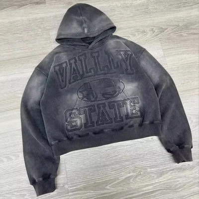 Fabricants de vêtements OEM Pullover coton Soleil fané Vêtements de rue surdimensionnés Vintage Acide Wash Troublé Hoodies brodés