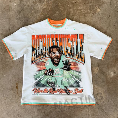 Été 2025 Nouveau T-shirt sur mesure à trois couches Vêtements de rue 100% coton Poids lourd Distressed Imprimé T-shirt à coupe en boîte pour hommes