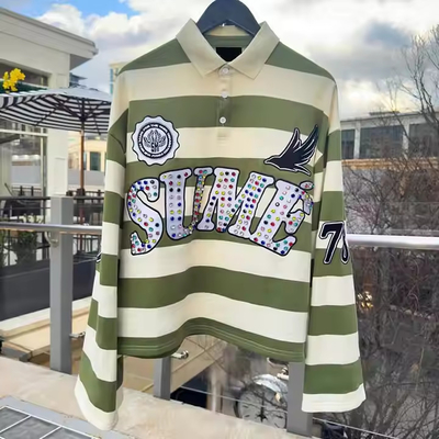 Broderie personnalisée Rugby Jersey Polo Couleur Bloc Rhinestone Manches longues Boxy Fit Coupe Tricoté Polo rayé pour hommes