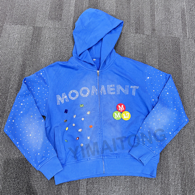 Coiffure sur mesure lavée par le soleil, décolorée, en désarroi, homme, coton découpé, Terry, poids lourd, 420 Gsm, fermeture à glissière, remorque, chemise à capuche en strass.