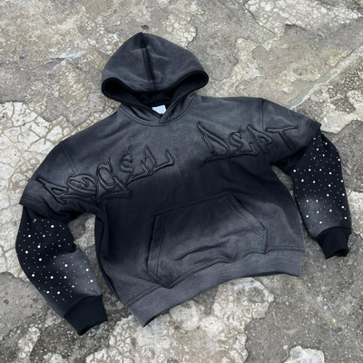 Coiffure sur mesure lavée par le soleil, décolorée, en désarroi, homme, coton découpé, Terry, poids lourd, 420 Gsm, fermeture à glissière, remorque, chemise à capuche en strass.