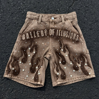 Jeans sur mesure 2025 été en strass Shorts Streetwear Marron Lavé Jean Shorts Vintage Baggy Jorts