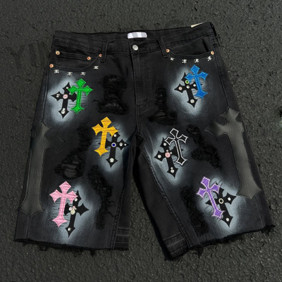 Des jupes personnalisées de haute qualité Vêtements de rue Rhinestones Jeans courts Embroiderie déchirée Patchwork Jeans denim Short pour hommes